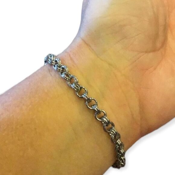 Silver Double Round Link Chain Bangle Bracelet NEW - Picture 4 of 4